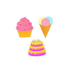birthday cake. cupcake. ice-cream. sweet food. dessert vector isolated on white background