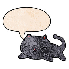 cartoon cat and speech bubble in retro texture style