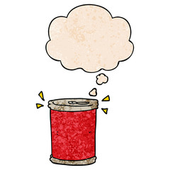 cartoon soda can and thought bubble in grunge texture pattern style