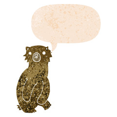 cartoon bear and speech bubble in retro textured style