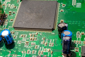 Microcircuit on the board close-up