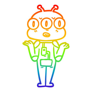 recommend clip art: rainbow gradient line drawing cartoon three eyed alien shrugging