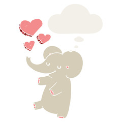 cartoon elephant with love hearts and thought bubble in retro style
