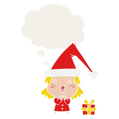 cartoon girl wearing christmas hat and thought bubble in retro style
