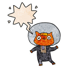 cartoon space cat and speech bubble in retro texture style