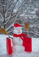 Cute snowmen with - gift presents standing in winter Christmas landscape. Happy snowman with Christmas gift standing in winter Christmas landscape.