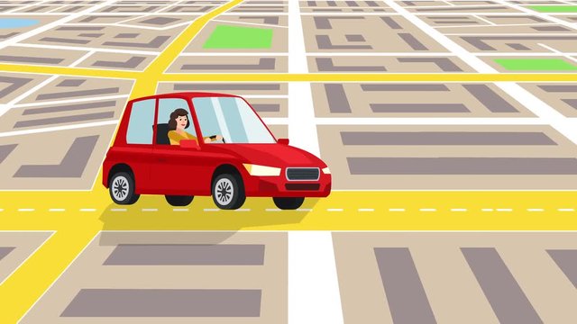 Flat Cartoon Red Car Ride Through the City Map navigation with Car Repair Shop Sign Animation