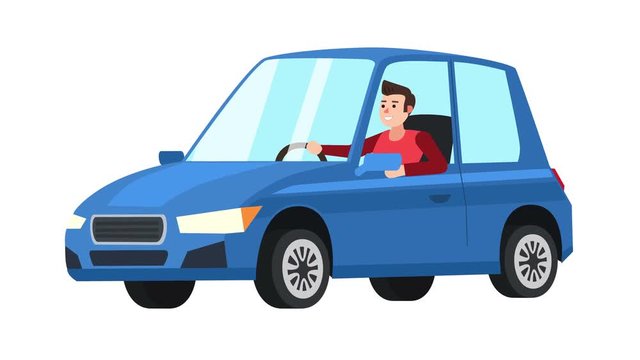 Flat cartoon isolated blue vehicle car  with man character animation side view