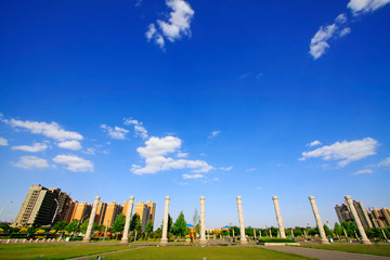 Huge square and totem poles in a park, luannan county, hebei province, China