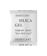 Vector realistic illustration of silica gel in a small white package. Amorphous and porous form of silicon dioxide for the adsorption. Desiccant hygroscopy substance isolated on a white background.