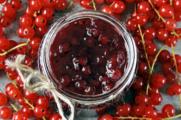 Homemade red currant jam. Clusters of red currants.