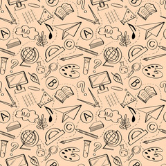 Obraz premium Back to school seamless pattern on beige background.Can be used for wallpaper, pattern fills, textile, web page background, surface textures.