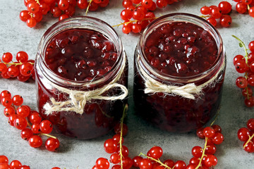 Homemade red currant jam. Clusters of red currants.