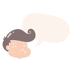 cartoon boy's face and speech bubble in retro style