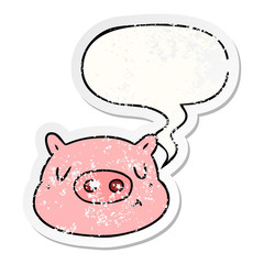 cartoon pig face and speech bubble distressed sticker