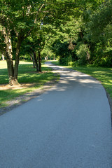 Paved trail winding through park with trees and grass surrounding 