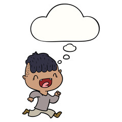 cartoon happy boy laughing and running away and thought bubble
