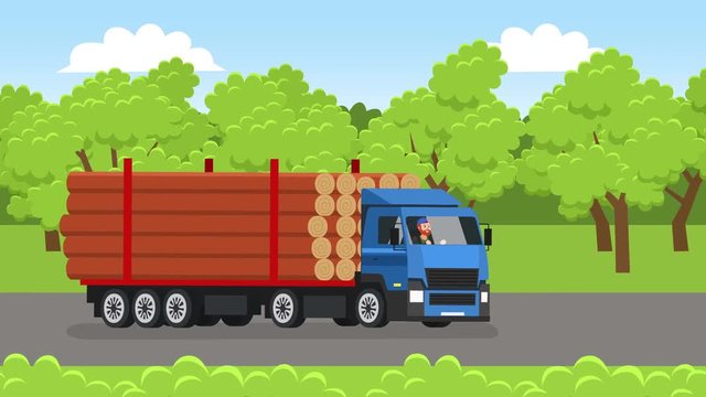Flat cartoon truck with trailer for wood transportation with trucker driver man character drive along forest road