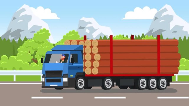 Flat cartoon truck with trailer for wood transportation with trucker driver man character driving along the road highway