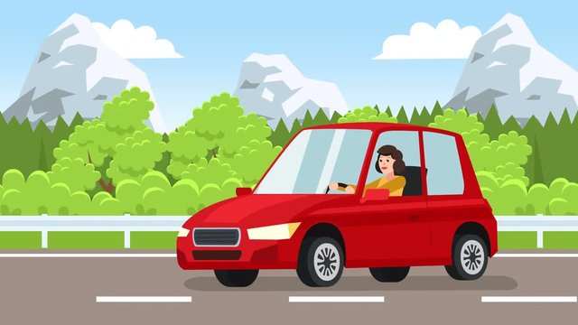 Flat cartoon red car with driver woman character drive along alpine forest road