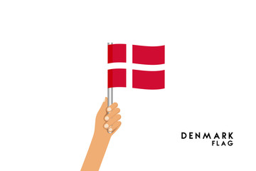 Vector cartoon illustration of human hands hold Denmark flag. Isolated object on white background.
