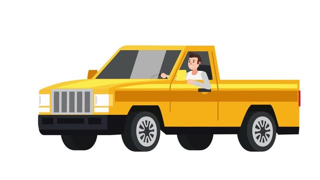 Flat cartoon isolated yellow vehicle pickup truck car with man character animation