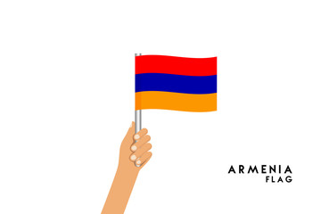 Vector cartoon illustration of human hands hold Armenian flag. Isolated object on white background.