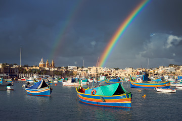 Double rainbow over the fisher village Marsaxlokk, Malta. 27 November 2017