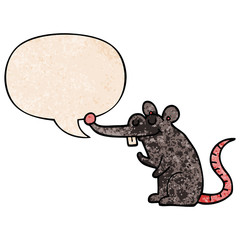 cartoon rat and speech bubble in retro texture style
