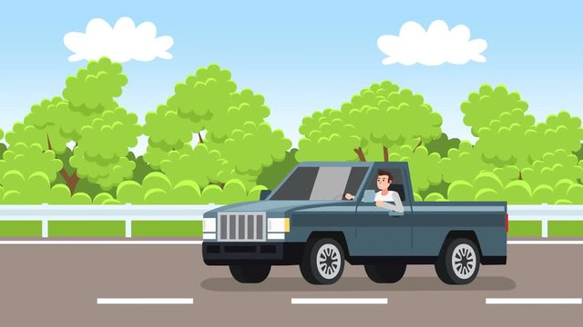 Flat cartoon isolated vehicle pickup truck car with man character drive along alpine forest road