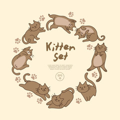 Set of cute kitten isolated on pastel background : Vector Illustration