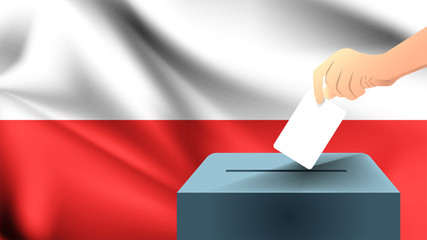 Male hand puts down a white sheet of paper with a mark as a symbol of a ballot paper against the background of the Poland flag, Polish the symbol of elections