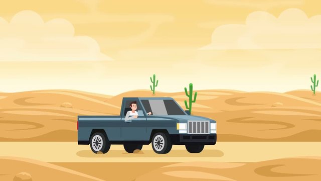 Flat cartoon isolated vehicle pickup truck car with man character drive along desert