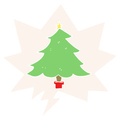 cartoon christmas tree and speech bubble in retro style