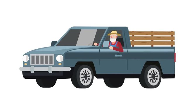 Flat cartoon isolated man farmer character driving a blue vehicle pickup truck old car animation