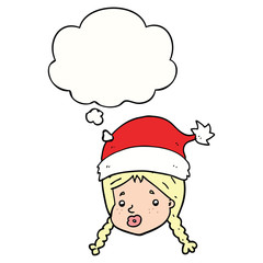 cartoon girl wearing christmas hat and thought bubble
