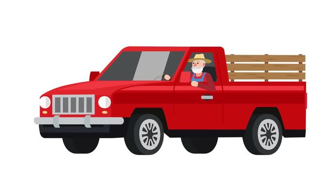 Flat cartoon isolated man farmer character driving a red vehicle pickup truck old car animation
