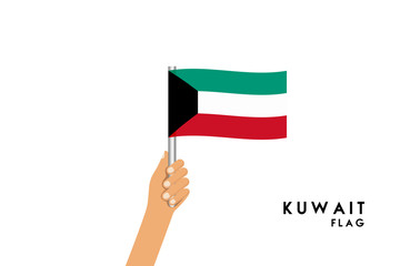 Vector cartoon illustration of human hands hold Kuwait flag. Isolated object on white background.