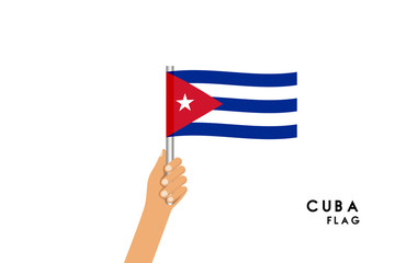 Vector cartoon illustration of human hands hold Cuba flag. Isolated object on white background.