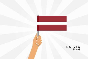 Vector cartoon illustration of human hands hold Latvia flag. Isolated object on white background.