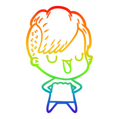rainbow gradient line drawing cute cartoon girl with hipster haircut