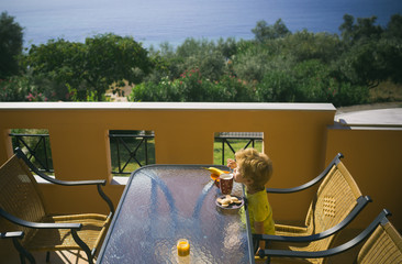 Best summer day. Breakfast on the terrace. Apartments near the sea. Greek morning. Food for children.