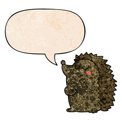 cute cartoon hedgehog and speech bubble in retro texture style
