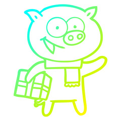 cold gradient line drawing cheerful pig with christmas gift