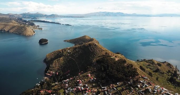 Island of the sun at lake Titicaca in Bolivia aerial footage