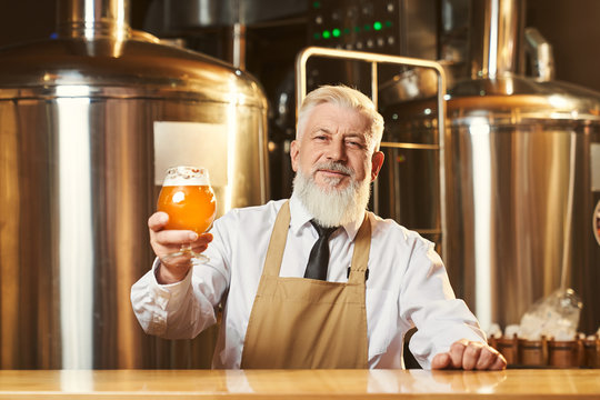 Bartender at bar conter holding beer glass with foam.