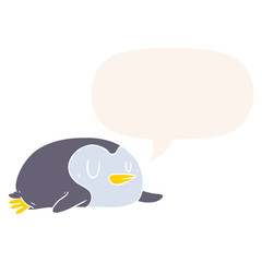 cartoon penguin and speech bubble in retro style