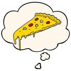 cartoon pizza slice and thought bubble in comic book style