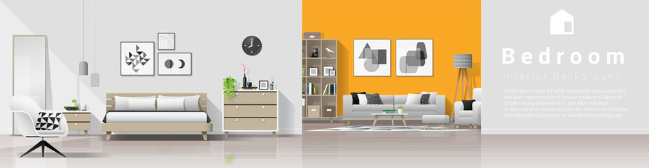 Modern house interior background with bedroom and living room combination , vector , illustration