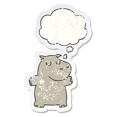 cartoon hippo and thought bubble as a distressed worn sticker